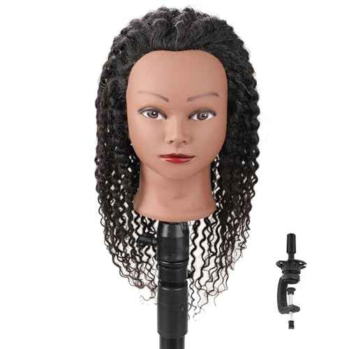 Stancia Black Mannequin Head 100% Human Hair, African American Hair Texture Styling Head, Hair Mannequin for Practice Cornrowing Braiding and Twisting (with Table Clamp)