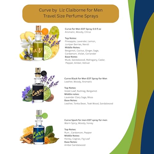 Curve Liz Claiborne Men's Cologne Travel Size Sprays, 3 Piece Mini EDT 0.5 Ounce