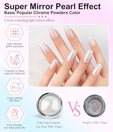 BISHENGYF Pearl Chrome Nail Powder:【Super Mirror Effect】White Pearl Chrome Nail Powder Ice Transparent Aurora Chrome Nail Powder for Nails Art DIY