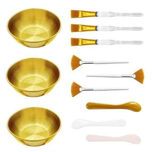 12 Pcs Gold Facial Bowl and Brush Set - 3 Stainless Steel Mixing Bowls, 3 Flat Brushes, 3 Fan Brushes, 3 Mask Applicators - Complete Esthetician Kit for Professional Spa & DIY Skincare