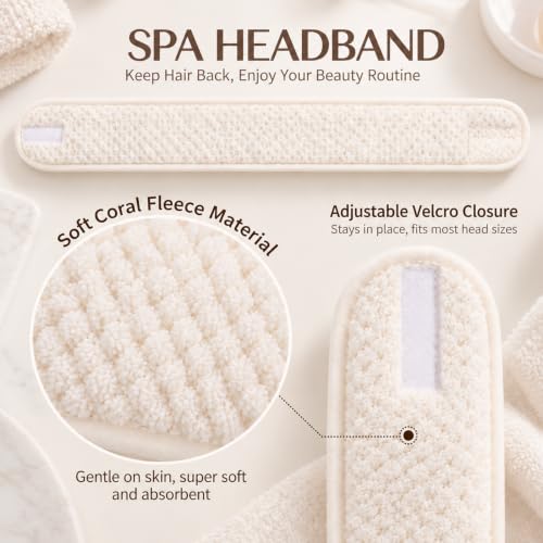 Huachi 4-Pack Adjustable Spa Headbands for Women, Soft Water-Absorbing Coral Fleece, Peach, Beige, Light Gray, Light Green