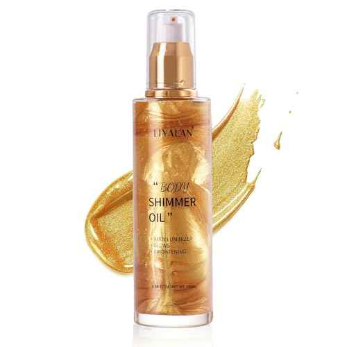 Liyalan Shimmer Body Oil 5 Color Gold 3.38 Fl Oz Face Glow Pearl Highlighter Illuminator Body Makeup Shine Glitter Gold Liquid Taning