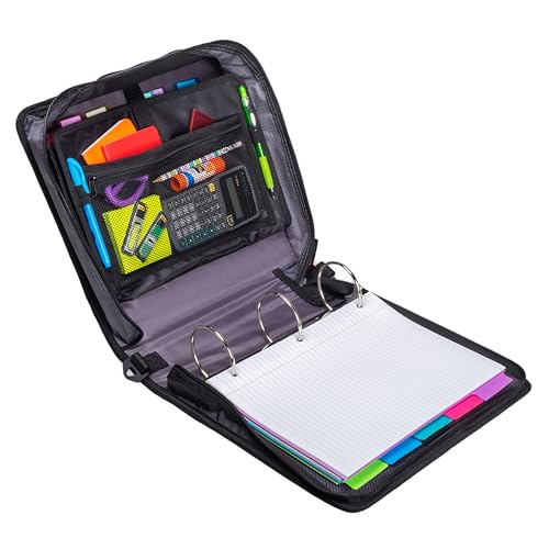 Case-it The Mighty Zip Tab Zipper Binder - 3 Inch O-Rings - 5 Color Tab Expanding File Folder - Multiple Pockets - 600 Sheet Capacity - Comes with Shoulder Strap - Jet Black D-156-N