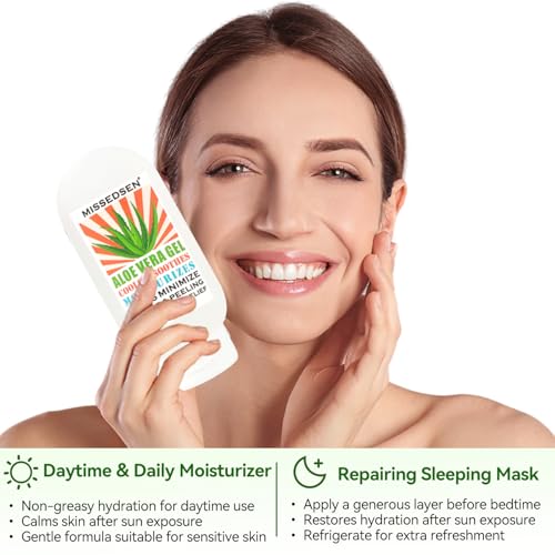 Pure & Organic Aloe Vera Gel for Sunburn Relief, After Sun Lotion for Face & Body Skin Care, Daily Facial Moisturizer & Acne Spot Treatment 7 OZ