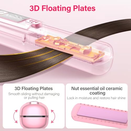 Prettrans Cordless Hair Straightener & Curler 2 in 1 - Mini, USB Rechargeable, Fast Heating, Portable Ceramic Flat Iron (Pink)