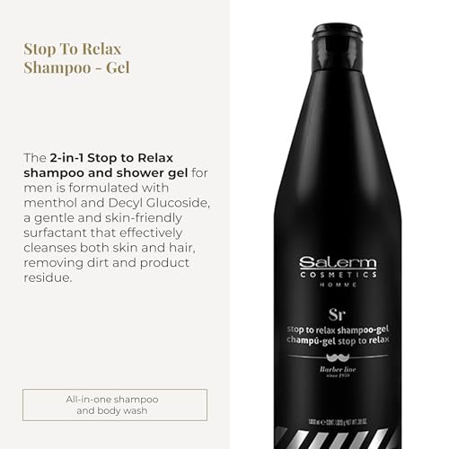 Salerm - 2-in-1 Shampoo and Gel - Stop To Relax Homme Barber Line - 1000 ml - for All Hair and Skin Types - Freshness and Relaxing Aroma - Daily Use - Gentle Cleansing