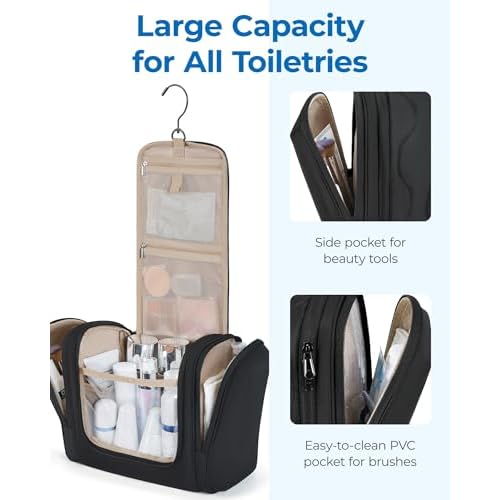 BAGSMART Toiletry Bag for Women, Wide-open Makeup Bag Organizer for Travel Essentials Travel-size, Water-resistant Large Capacity Cosmetic Bag for Accessories, Shampoo, Toiletries with Handle, Black