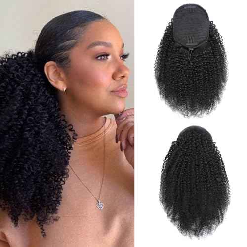 Afro Kinky Curly Ponytail Human Hair 150% Density Brazilian Virgin Hair 4C Afro Puff Drawstring Ponytail Extension for Black Women Natural Color 20 Inch