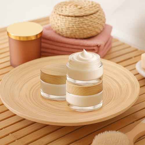Bumobum 12 Pcs 5 Grams Glass Cosmetic Jars with Plastic Wood-Grain Lids, 5 ml Lip Balm Containers Empty Tiny Sample Jars for Lip Scrub Makeup Eye Cream Travel