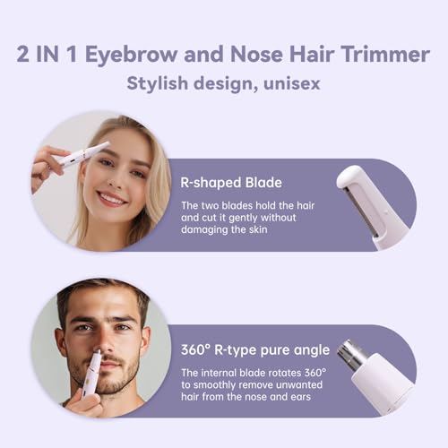 Nose Hair Trimmer for Women - 2 in 1 Ear and Eyebrow Hair Trimmer - Painless Facial Hair Razor for Women - Rechargeable Face/Arm/Leg/Lip/Underarm/Chin/Finger/Bikini Hair Remover with Dual-Edge Blades
