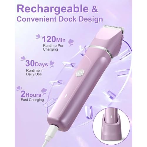 Electric Razors for Women 2 in 1 Bikini Trimmer for Women Cordless Dry/Wet Use Electric Shaver for Pubic Hair, Armpit, Facail Hair Removal, Waterproof Pearl Purple