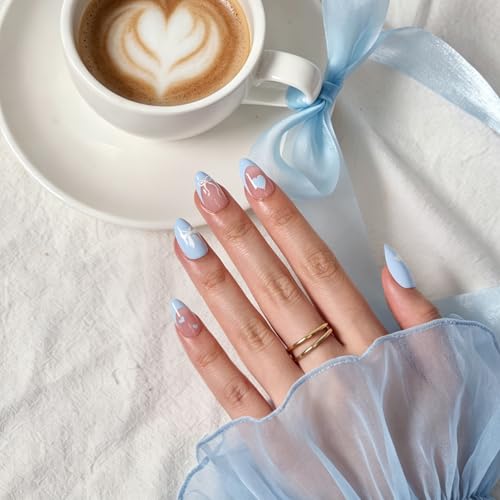BTArtbox Press On Nails Short Almond Blue French Tips 32Ct