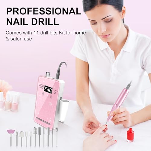Portable Electric Nail Drill Kit - 30000 RPM Rechargeable E-File with 11 Bits
