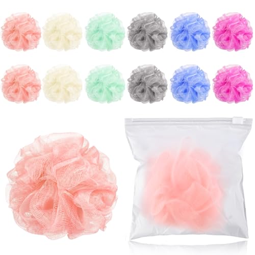 Travel Loofah 12 Pack with Cases - Mini Bath Puff Sponge