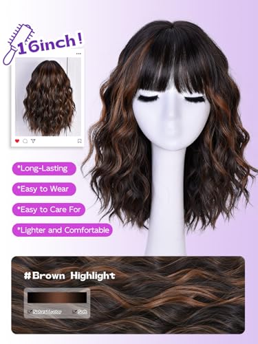 Short Wavy Wig with Bangs - 16in Brown Synthetic Hair