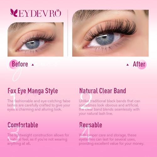 D Curl Fox Eye False Lashes - Clear Band Wispy Manga Lashes 7 Pairs