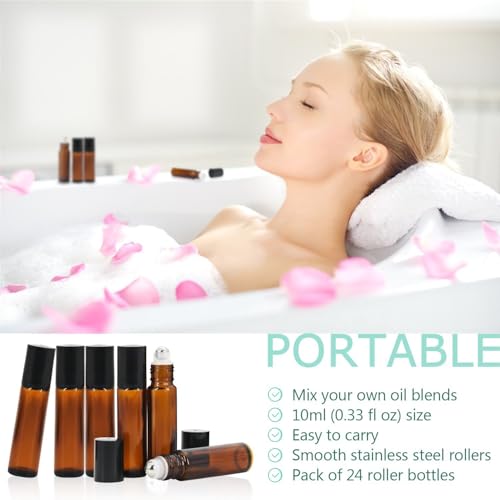 Mavogel 24 Pack 10ml Amber Glass Roller Bottles Essential Oils
