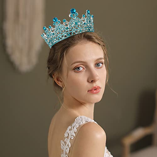 Aprince Aqua Blue Full Round Crystal Tiaras and Crowns for Women, Silver Queen of Hearts Crown Rhinestones Wedding Gifts for Bride Birthday Queen crown for women queen of hearts Accessories for Prom