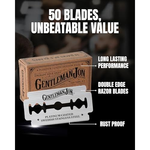 Gentleman Jon 50-Pack Platinum Double Edge Razor Blades - Premium Swedish Stainless Steel Safety Razor Blades - Platinum Coated Blade For Smooth and Comfortable Shaves - Fits Most Men's Safety Razors