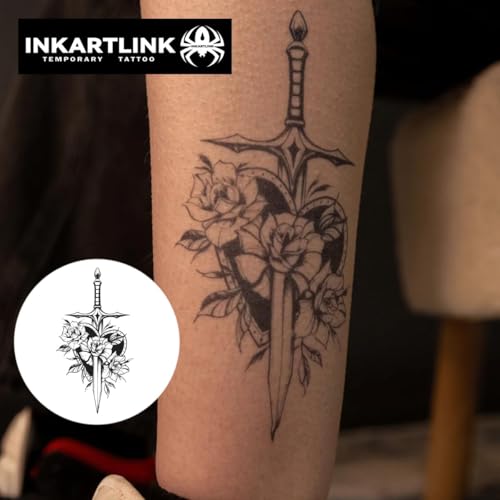 INKARTLINK Large Rose Sword Temporary Tattoos - Waterproof