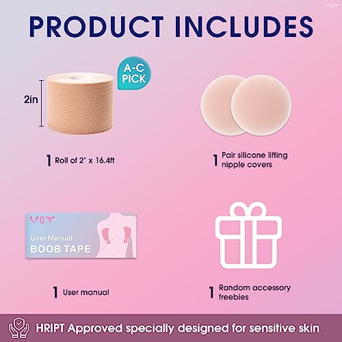 VBT Boob Tape, Body Tape for Breast Lift with 1 Breast Lift Tape, 10 Pairs Satin Bra Petals, 1 Pair Silicone Nipple Stickers, 36 PCS Double Sided Tape, Bob Tape for Large Breasts A-G Cup Nude