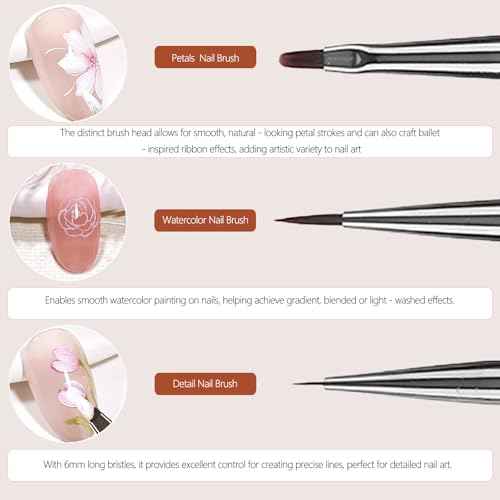 3Pcs Nail Art Brushes Set for Flower Petal Butterfly Drawing, 3D Gel Acrylic Nail Brush, Fine Liner Nails Design Tool, Professional Watercolor Painting Pen for Manicure DIY Salon
