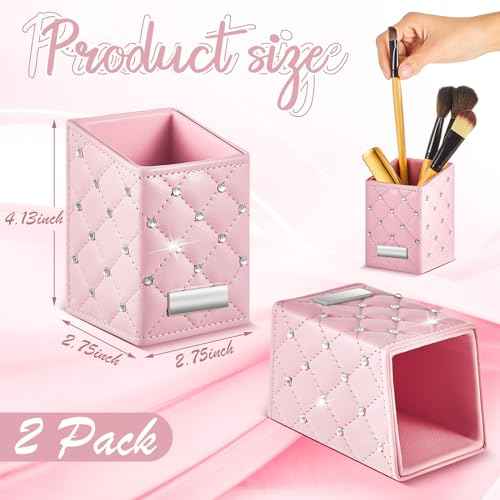 ReliThick 2 Pcs Pink Makeup Brush Holder Crystal Bling Brushes Cup PU Leather Waterproof Glitter Makeup Holder for Women Travel Cosmetic Storage Organizer Dresser Vanity Accessories