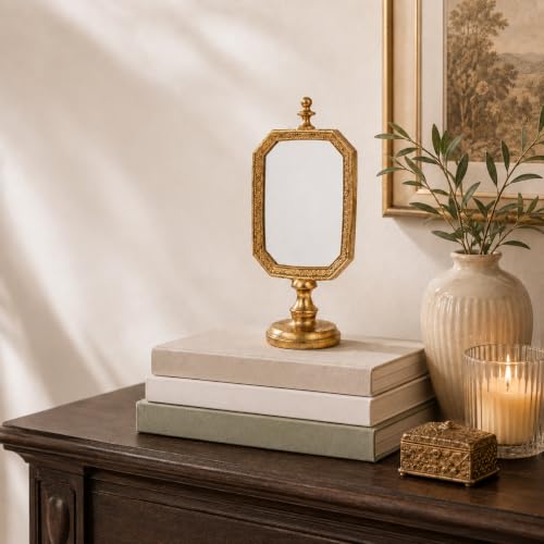 Vintage Gold Makeup Mirror Tabletop with Stand