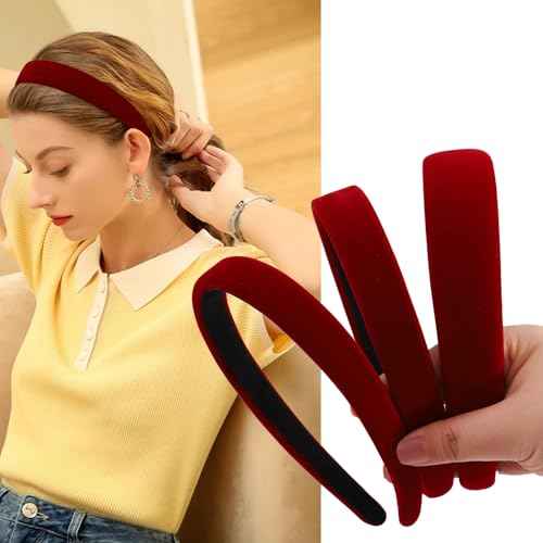 AUDTOPE 3Pcs Headbands for Women, Red Velvet Head Bands for Women's Hair Solid Soft Plain Hairband No Teeth Head Bands Cute Hair Accessories for Women