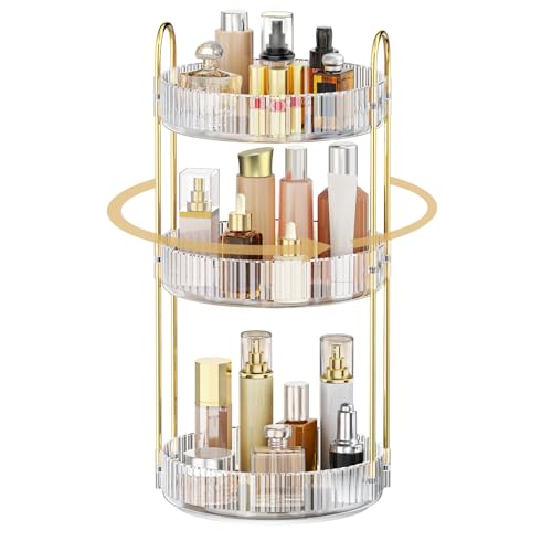 MOKANI 360 Rotating Makeup Organizer for Vanity, 3 Tier Adjustable Perfume Organizer for Dresser, Multi-Function Spinning Cosmetics Skincare Storage for Bedroom, Dresser, Countertop, Clear
