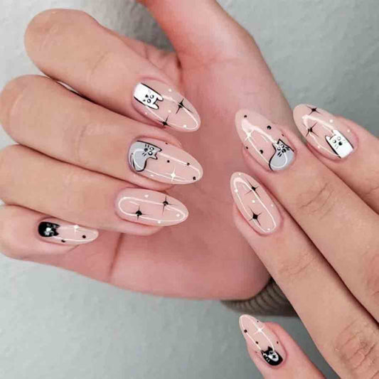 Enppode Almond Press on Nails Medium Fake Nails Pink Nails with Cat Design Full Cover Nails 24 PC/Set