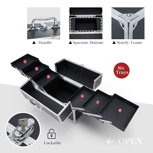 Hododou Makuep Train Case Extra Large 6 Trays Makeup Box Travel Case Professional Cosmetic Storage for Makeup Artist, Nail Tech, Hairstylists Salon Barber Case with Lockable Handle PRO Black