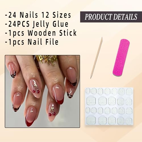 Reusable French Tip Press On Nails with 3D Cherry Design - Medium Almond, Glossy Red, Gold Accents, 24 Pieces