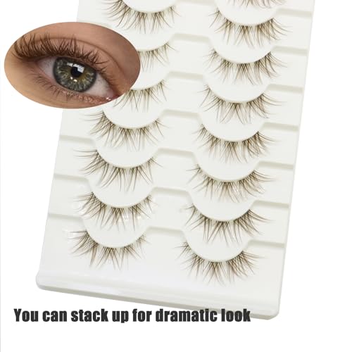 DAODER Brown Mink Lashes Natural Look Clear Band Cat Eye Strip False Eyelashes Brown Wispy Eyelashes 13mm Short Anime Lashes Reusable Light Lash Pack 10 Pairs(Brown Cat Eye)