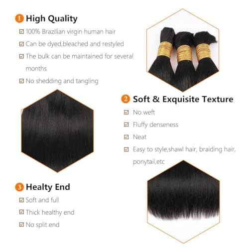 Human Braiding Hair for Boho Braids 24inch Straight Bulk Hair Extensions No Weft Brazilian Virgin Human Braiding Hair for Black Woman Straight 1 Bundle 100g Natural Black