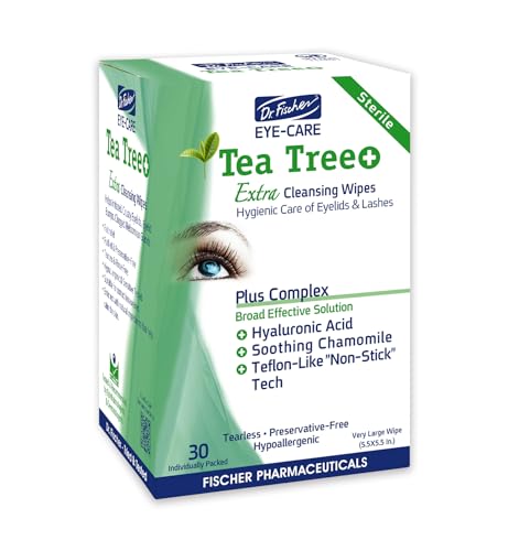 Dr. Fischer Tea Tree Oil Eye Wipes - Hypoallergenic Eyelid Wipes for Sensitive Eyes with Hyaluronic Acid and Chamomile, Makeup Remover, Daily Cleanser (30 wipes)