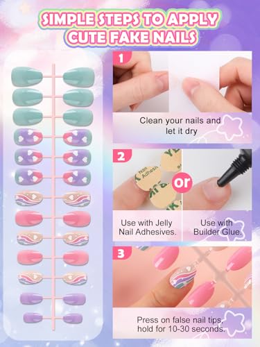 Kids Press-On Nails Set with Heart & Ombre Designs, 26 Pieces for Girls 8-12