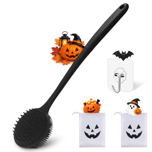 YouthRun Black Silicone Body Scrubber Dual-Sided Exfoliating Shower Brush with Long Handle
