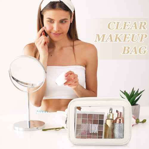 Abbylike 3 Pcs Clear Makeup Bags with Zipper Toiletry Bags for Car Essentials Nylon Cosmetic Pouches PVC Transparent Storage Pouch Travel Portable Organizer for Christmas Women Gift(Cream White,Small)