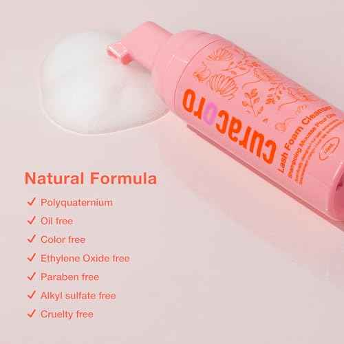 Curacoro 60ML Eyelash Extension Cleanser - Lash Shampoo for Lash Extensions, Eyelash Extension Foam Cleanser for Dry & Sensitive Skin, Gently Removes Waterproof Makeup for Professional & Home Use