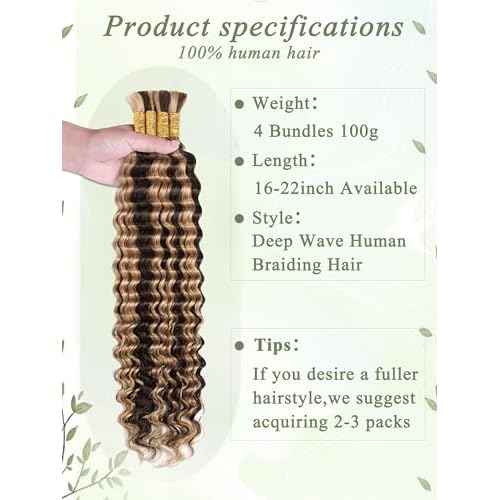 Ombre Human Braiding Hair Deep Wave Bulk Human Hair for Boho Braiding 22 Inch 100 g 4 Bundles 10A P4/27 Highlight Wet and Wavy Honey Blonde Curly Human Hair Extensions