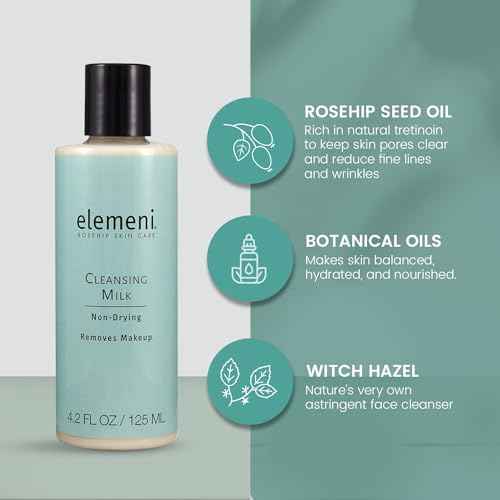 elemeni Skin Care Cleansing Milk - Vegan Organic Makeup Remover | pH Balanced Facial Cleanser Removes Dirt & Impurities | Oil Free Eye Makeup Remover & Gentle Cleanser for Sensitive Skin, 4.2 Fl Oz