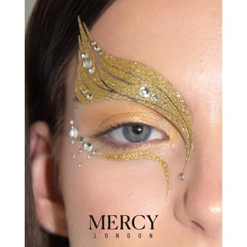 MERCY LONDON Gold Goddess Face Jewels Costume Accessories Face Gems Jewels All In One Headpiece Stick On Pixie