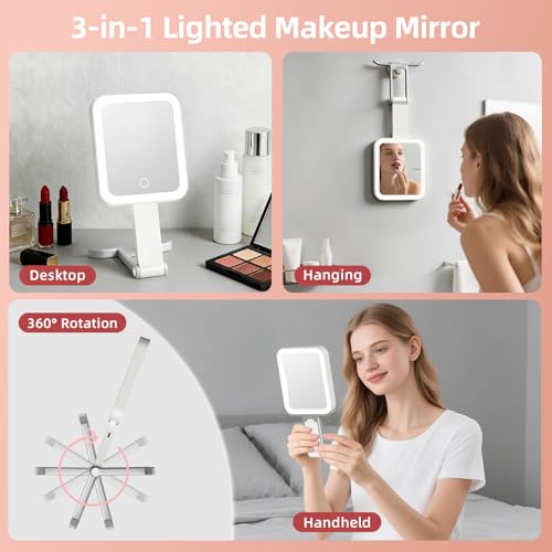 GioeDa Travel Makeup Mirror with Lights - 10X/1X Magnification, Dimmable Touch, 3 Color Modes