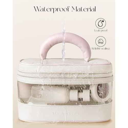 Vlando Travel Makeup Bag, Large Travel Toiletry Bag for Women Girl, Waterproof Cute Cosmetic Bag with Handle, Clear Make up Bag for Cosmetic, Brushes, Skincare-Cream White