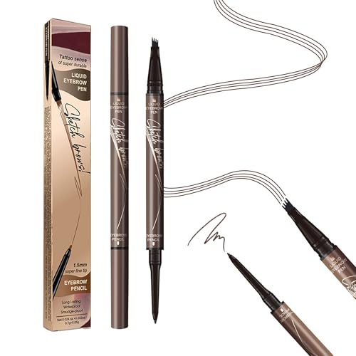 Microblading Eyebrow Pen, 2-in-1 Dual-Ended Magical Waterproof Eyebrow Pencil with 4-Prong Micro-Fork-Tip Applicator, Brow Pen for Women Creates Natural Looking Brows Effortlessly (Dark Brown)
