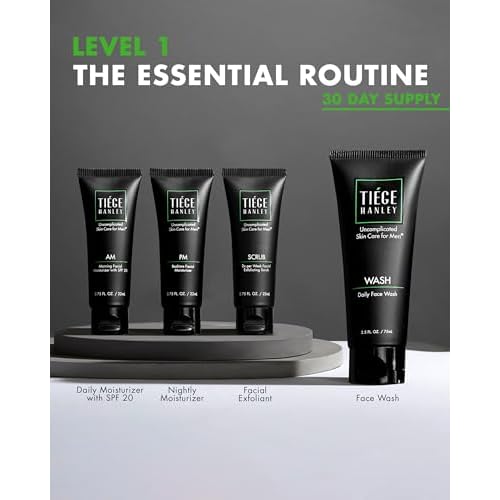 Tiege Hanley Skin Care Set for Men, Essential Routine, System Level 1, Daily Face Wash, Facial Scrub, Moisturizer With SPF, and Night Cream for Healthy, Hydrated Skin, Men¡¯s Skin Care, 4 Piece Kit
