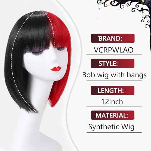Half Red Half Black Wig with Bangs for Women 12 Inch Stright Color Bob Wigs Heat Resistant Synthetic Wig for Halloween Party Cosplay Wigs