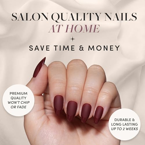 Glamnetic Press-On Nails - Merlot | Super Strong Brush On Nail Glue & Press-On Nail Remover | Matte Short Almond Dark Red Nails with Glossy French Tips | 15 Sizes - 30 Nail Kit with Glue and Remover