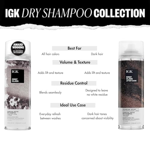IGK First Class After Dark Charcoal Dry Shampoo for Dark Hair | Soft Brown Tinted Formula, No White Residue | Deep Cleansing, Oil Absorbing & Odor Eliminating | 6.5 oz